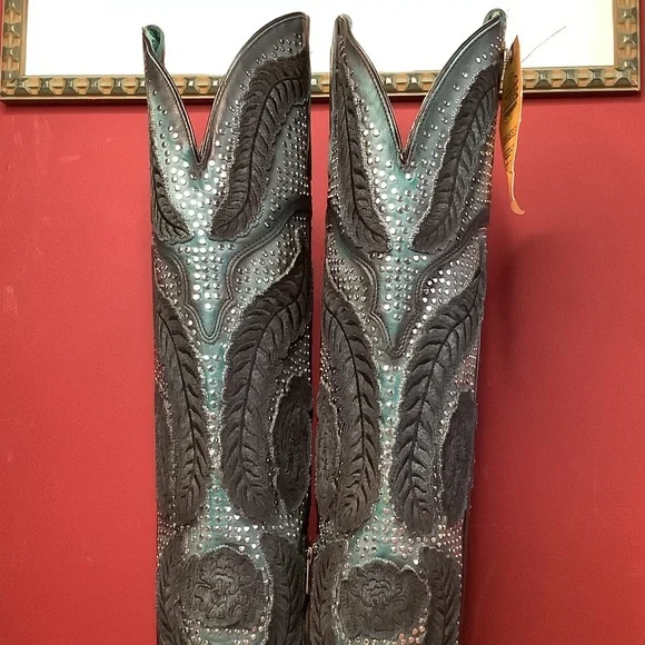 CORRAL Willow Over The Knee  Black & Turquoise Western Boots ~3” Heel Inside Zip - Picture 14 of 16